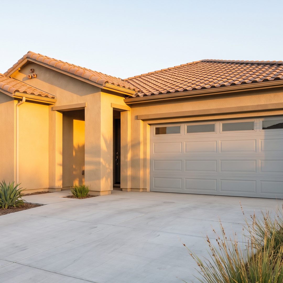 A sectional garage door on a Central Valley stucco home